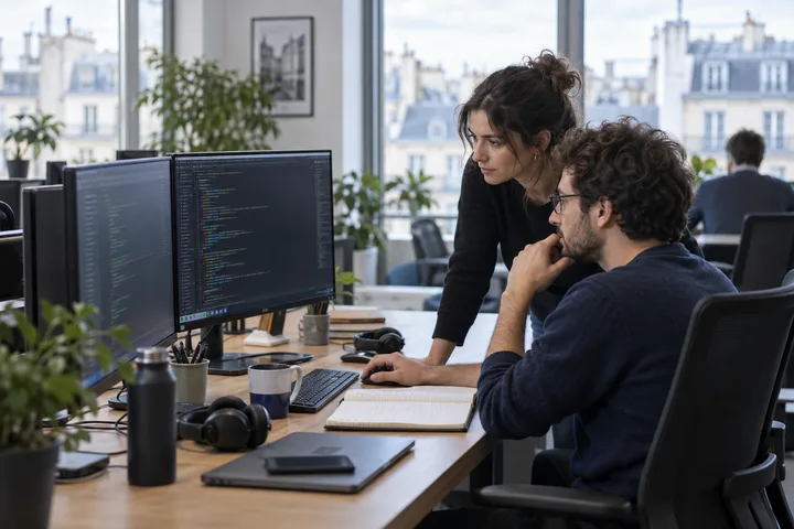 Illustration de développeurs travaillant sur le code et l’évolution d’une application.