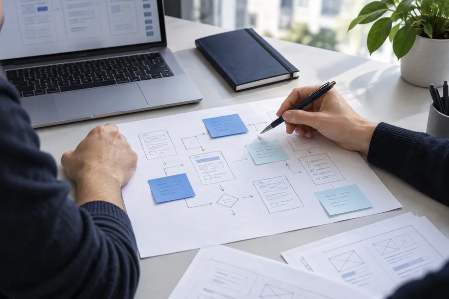 Illustration d’une séance de cadrage : un plan d’application, des notes et un ordinateur sur une table.